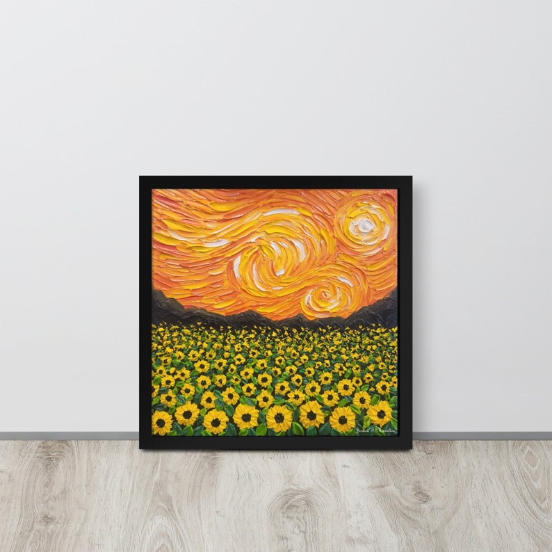 Framed Van Gogh Inspired Art Print, Orange Starry Sunflower Field Wall