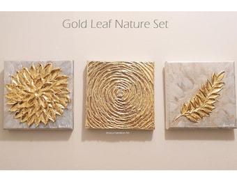 Gold Leaf Nature Set 3 Piece Original Abstract Palette Knife Paintings, 3D Textured Impasto on Canvas, Modern Fine Art Decor, Wall Art Gift