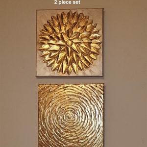 Gold Leaf Flower and Sun spiral, 2 piece set original paintings abstract canvas wall art impasto textured palette knife modern decor image 2