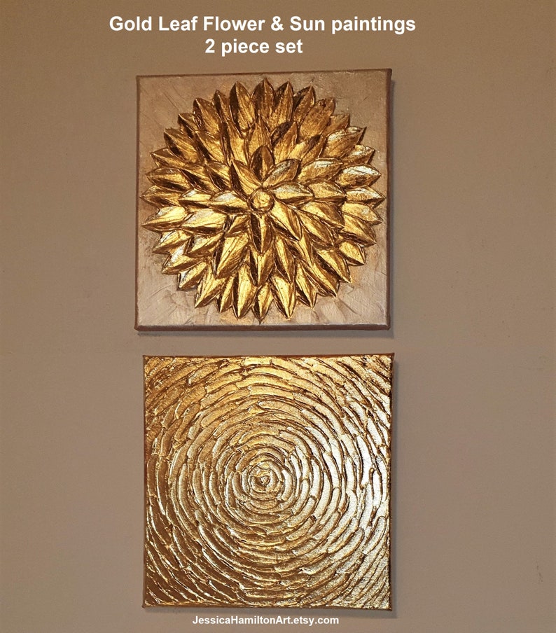 Gold Leaf Flower and Sun spiral, 2 piece set original paintings abstract canvas wall art impasto textured palette knife modern decor image 2
