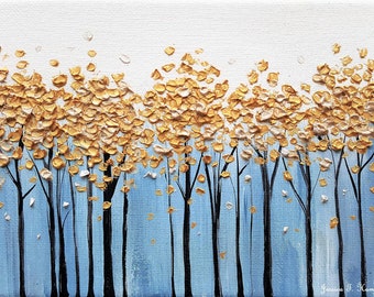 Original oil painting Golden Forest abstract impasto 3D textured palette knife painting gold leaf painting modern classy minimalist decor