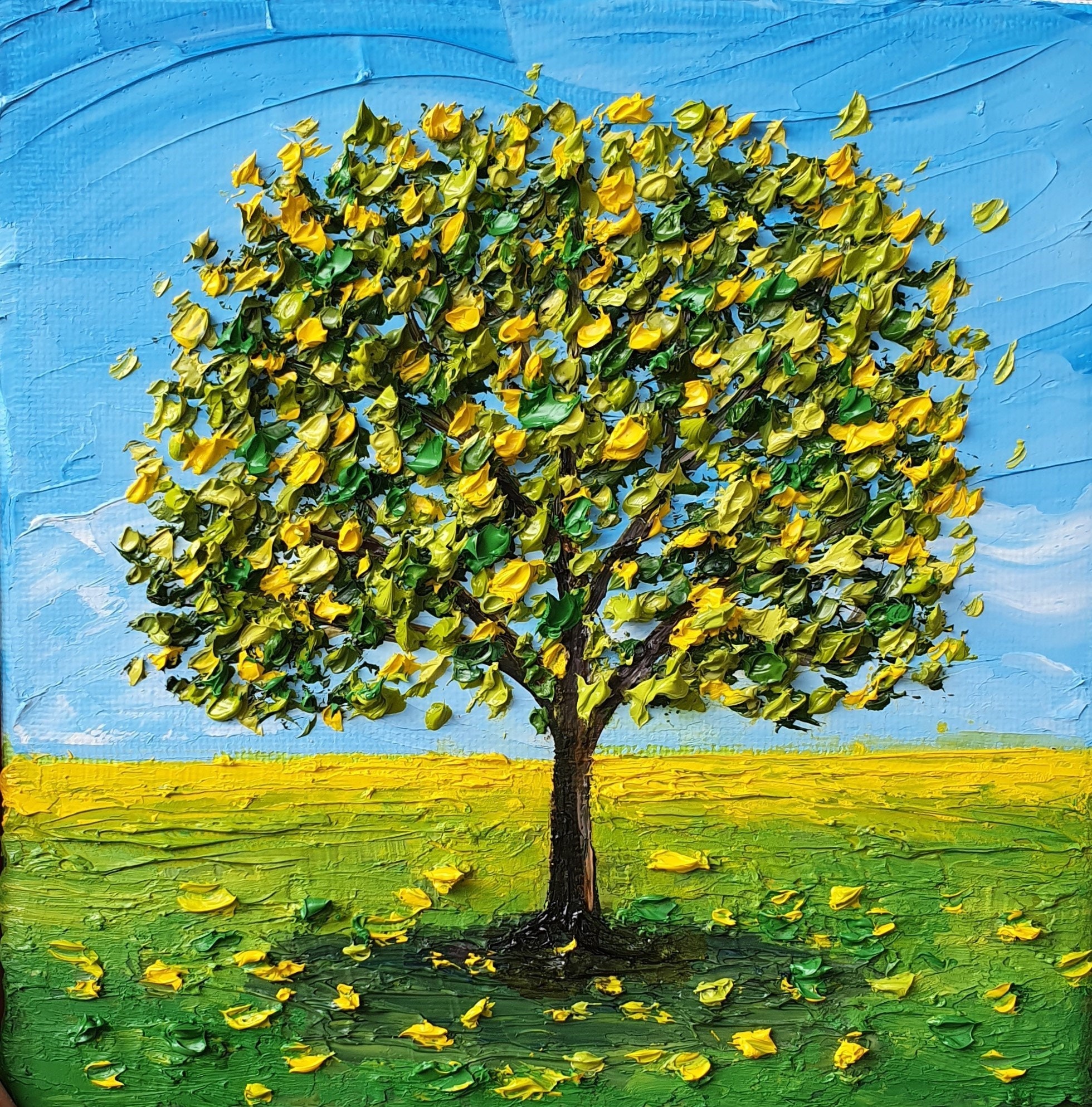 Textured Tree Oil Painting: 3D Impasto Palette Knife Art, 6x6