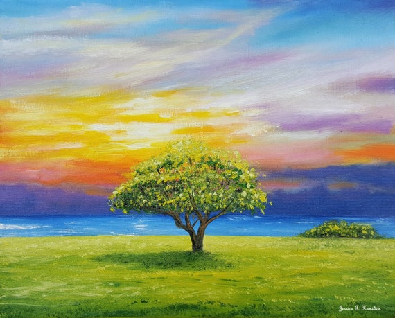 カラフルな夕焼けの油絵 キャンバス ウォールアート 自然愛好家