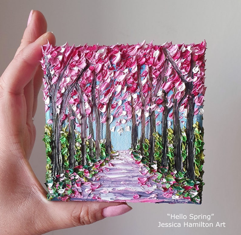 Spring Forest Oil Painting Pink Tree Path Landscape Original Impasto Palette Knife Texture on Canvas Wall Art Decor Gift for Nature Lovers image 1