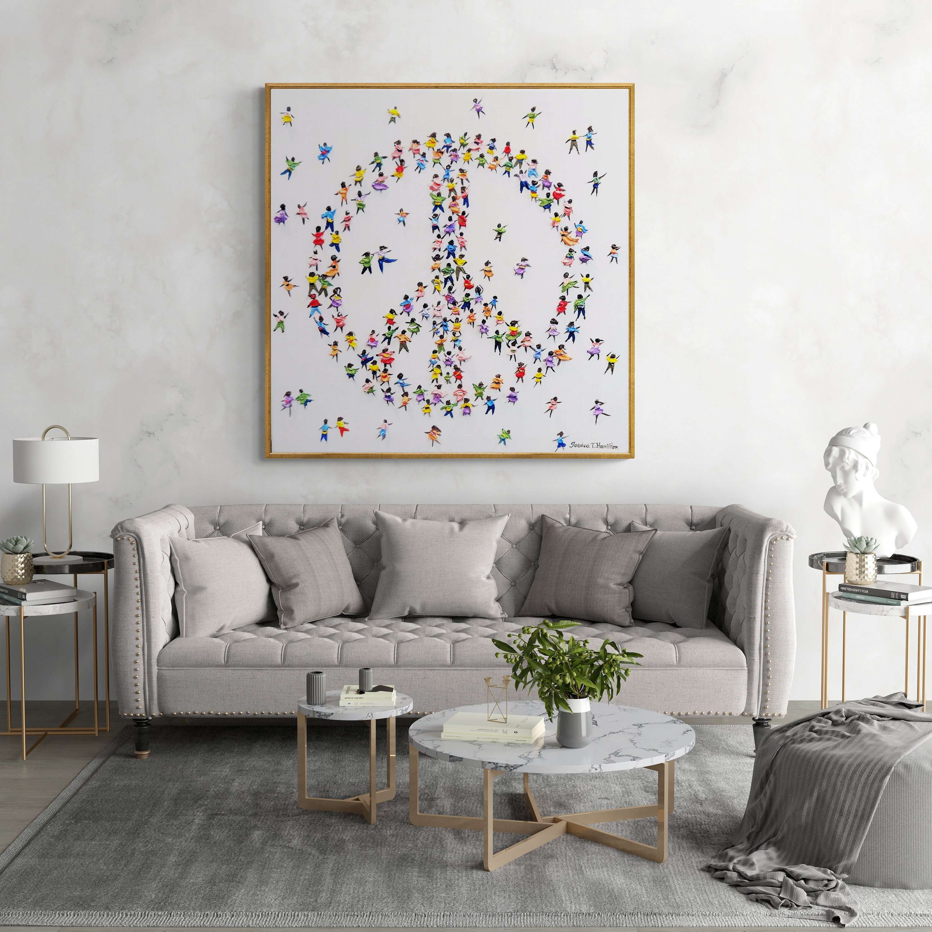 Colorful Peace Symbol painting oil on canvas wall art aerial white snow ice skating texture palette knife painting peace sign decor gift