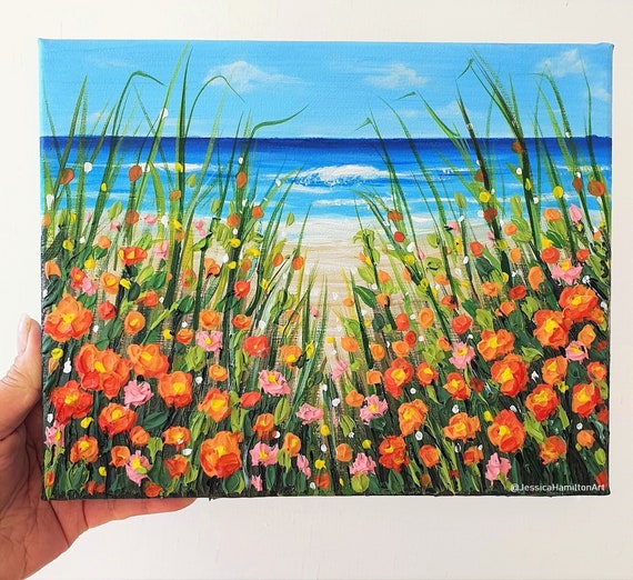 Palette knife flowers by the sea Painting on Canvas For Sale
