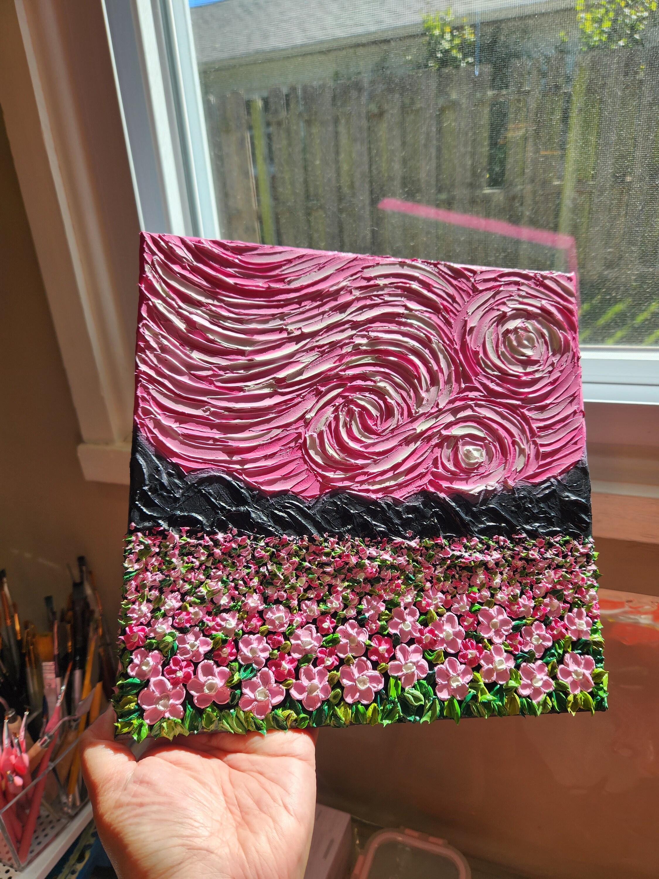 ピンクの星空の花畑の油絵：ゴッホ風のインパストアート - Etsy 日本