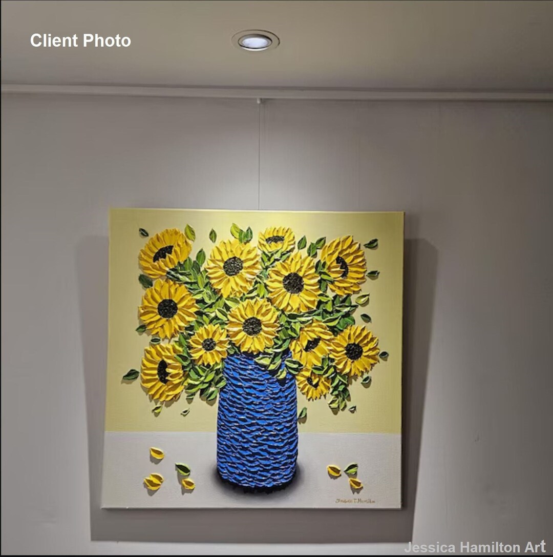 Textured Sunflower Oil Painting: Impasto Floral Art in Blue Vase - Etsy