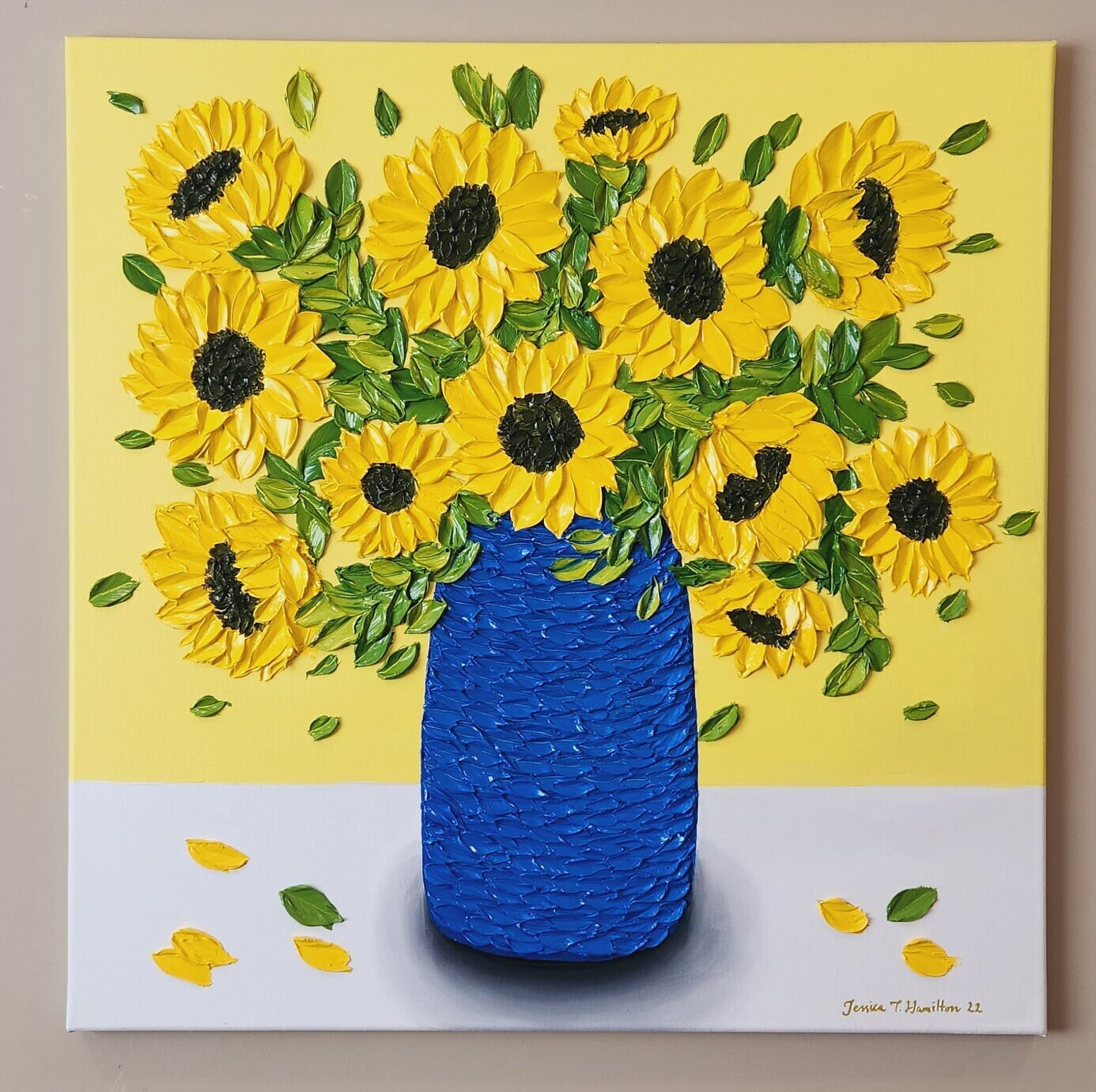 Textured Sunflower Oil Painting: Impasto Floral Art in Blue Vase - Etsy