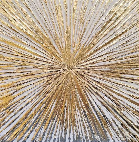 Gold Leaf Sunrays Painting: 3D Texture, Modern Abstract Canvas Art