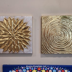 Gold Leaf Flower and Sun spiral, 2 piece set original paintings abstract canvas wall art impasto textured palette knife modern decor image 7