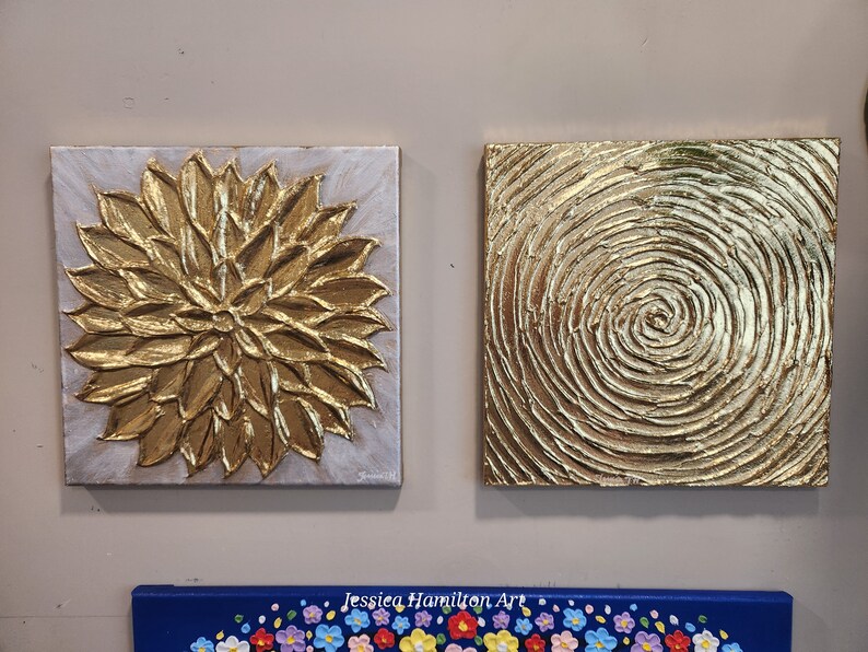 Gold Leaf Flower and Sun spiral, 2 piece set original paintings abstract canvas wall art impasto textured palette knife modern decor image 7