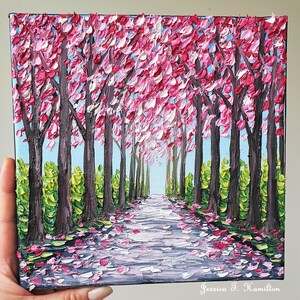 Spring Forest Oil Painting Pink Tree Path Landscape Original Impasto Palette Knife Texture on Canvas Wall Art Decor Gift for Nature Lovers image 4