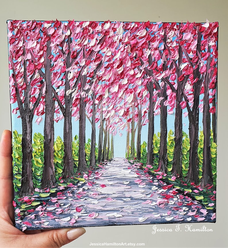 Spring Forest Oil Painting Pink Tree Path Landscape Original Impasto Palette Knife Texture on Canvas Wall Art Decor Gift for Nature Lovers image 4