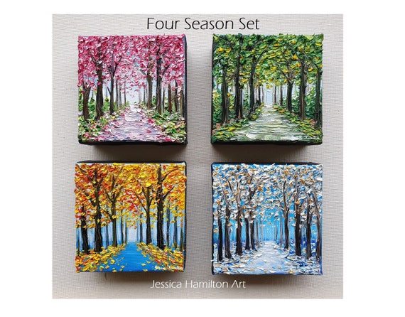 Four Season Set 4 Piece Original Paintings Impasto Palette Knife 3D  Textured Canvas Wall Art Summer Spring Winter Fall Seasonal Decor 