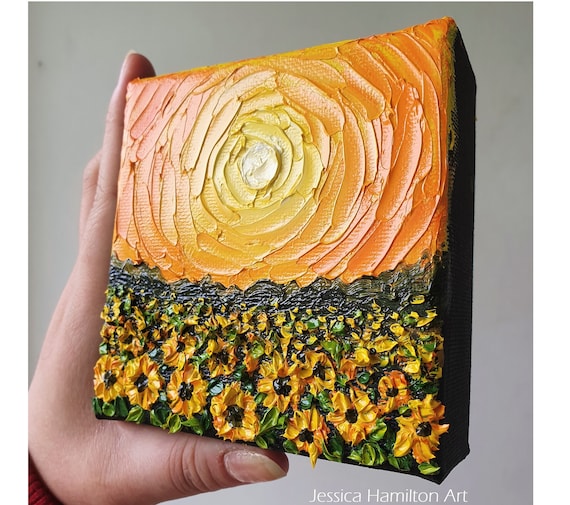 Sunflower Field Oil Painting: Impasto Palette Knife Van Gogh Art