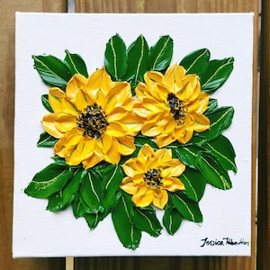 Palette Knife Sunflower Painting Impasto Sunflower Bouquet Oil on Canvas 3D Textured Wall Art Floral Wall Decor Yellow Flowers Gift for Her