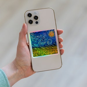 Adesivo holográfico azul estrelado | Arte psicodélica em vinil | Paisagem de flores inspirada em Van Gogh | Presente fofo para notebook e telefone