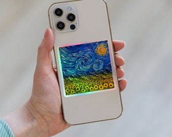 Blue Starry Sunflower Field Holographic Sticker Vinyl Rainbow Inspired by Van Gogh Starry Night Sticker for Phone Notebook Decal Gift