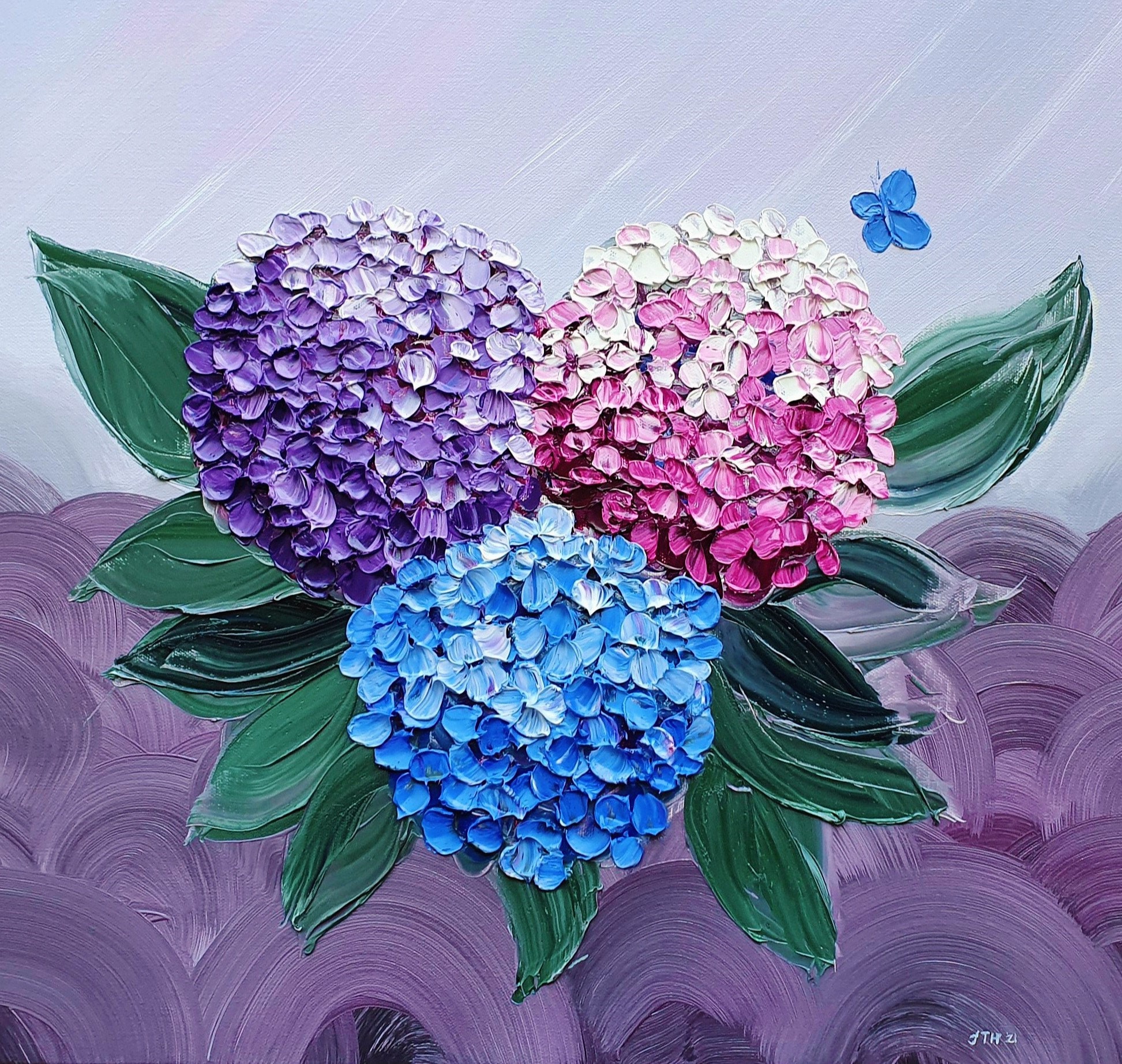 アジサイの花の絵画、紫色の 3D テクスチャ アクリル花アート アジサイの花の絵画、紫色の 3D テクスチャ アクリル花アート