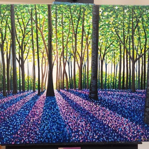 Original painting A Morning Walk Through bluebells canvas wall art beautiful landscape home decor gift purple forest flowers acrylic artwork image 4