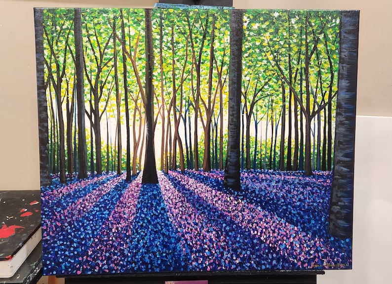 Original painting A Morning Walk Through bluebells canvas wall art beautiful landscape home decor gift purple forest flowers acrylic artwork image 4