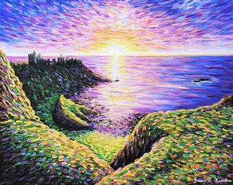 Cliffside Sunset Oil painting 24x30 inch ready to ship original impressionist landscape, purple ocean sea oil on canvas artwork, handmade
