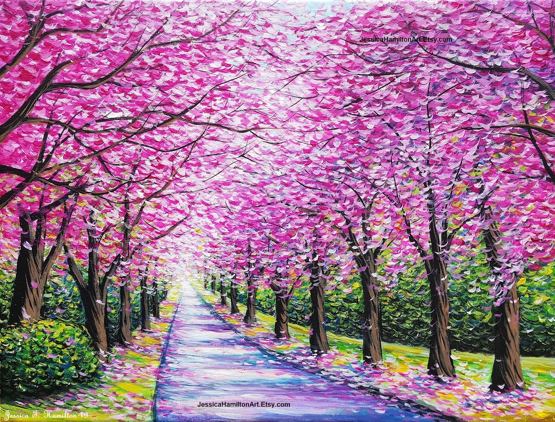 油絵 油彩  絵 絵画【Çherry blossom road】 Beautiful Japanese Cherry Blossom Road: Blossom Path Paint