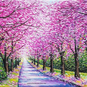 Original painting Path of Cherry Blossoms canvas wall art acrylic on canvas artwork impressionist tree path pretty landscape art decor gift