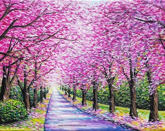 Cherry Blossom Path Painting: Impressionist Landscape Art - Etsy