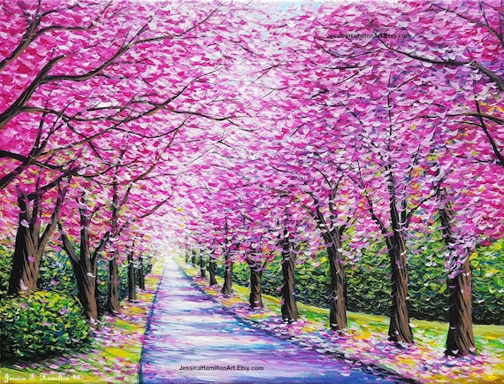 Cherry Blossom Path Painting: Impressionist Landscape Art - Etsy