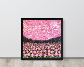 Pink Starry Flower Field Oil Painting: Van Gogh Style Impasto Art