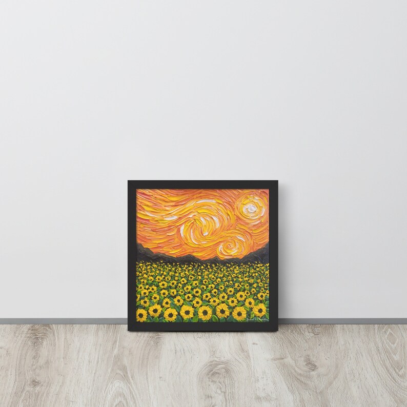 Framed Van Gogh Inspired Art Print, Orange Starry Sunflower Field Wall
