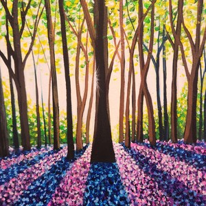 Original painting A Morning Walk Through bluebells canvas wall art beautiful landscape home decor gift purple forest flowers acrylic artwork image 7