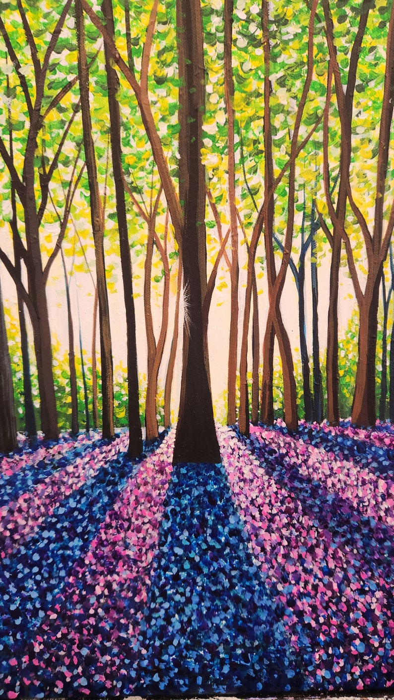 Original painting A Morning Walk Through bluebells canvas wall art beautiful landscape home decor gift purple forest flowers acrylic artwork image 7