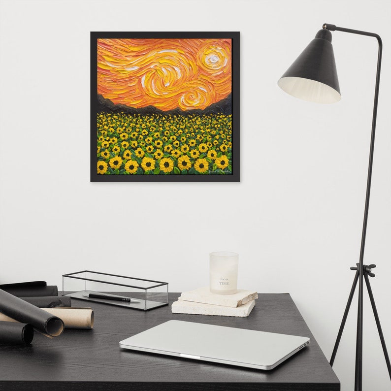Framed Van Gogh Inspired Art Print, Orange Starry Sunflower Field Wall