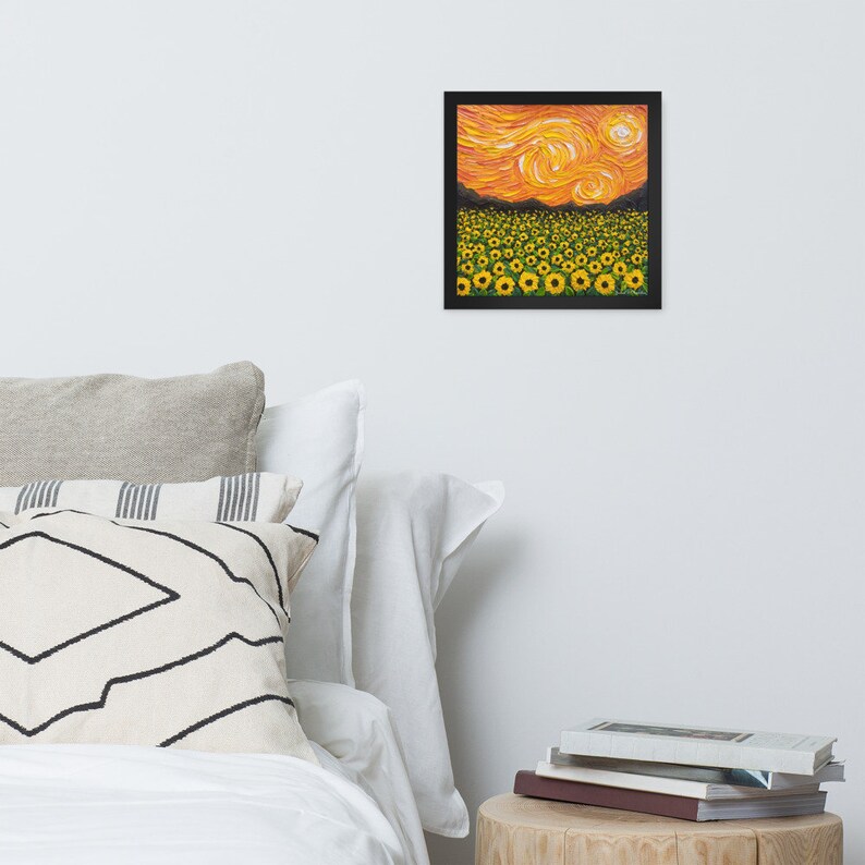 Framed Van Gogh Inspired Art Print, Orange Starry Sunflower Field Wall