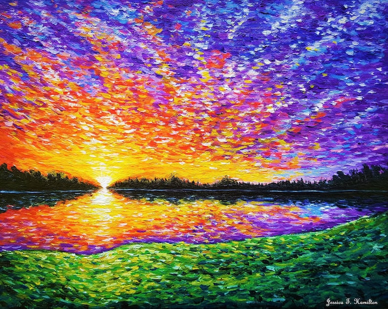 Oil Painting Sunset by the Lake Modern impressionism Wall Etsy