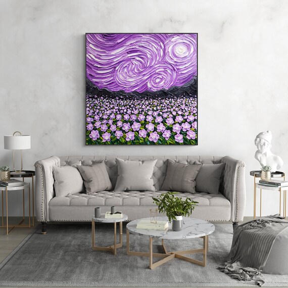 紫色の星空の花畑の絵画：3Dテクスチャインパストキャンバス