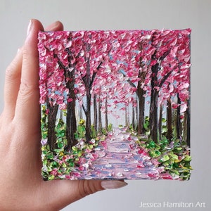 Spring Forest Oil Painting Pink Tree Path Landscape Original Impasto Palette Knife Texture on Canvas Wall Art Decor Gift for Nature Lovers image 3