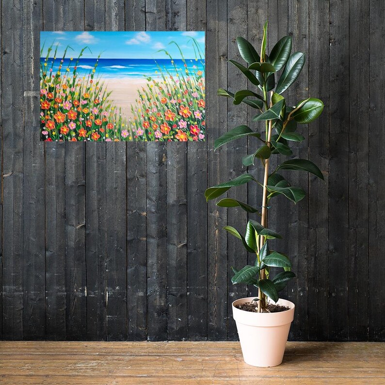 Ocean Seascape Art Print, Orange Flowers by the Beach, Coastal Wall Art