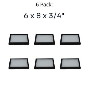 Op de afbeelding: Zes zwarte schaduwdozen, elk met de afmetingen 15,2 x 20,3 x 1,9 cm. De dozen zijn gerangschikt in twee rijen van drie.