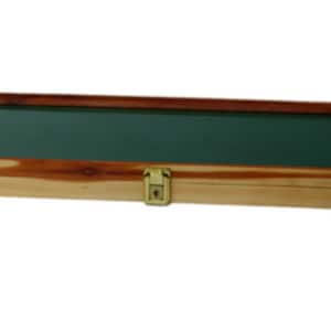 May include: A wooden display case with a green felt interior and brass clasps. The case is made of light and dark wood.