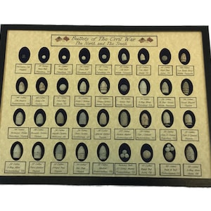 Könnte beinhalten: Eine gerahmte Präsentation von Gewehrkugeln aus dem Amerikanischen Bürgerkrieg aus dem Norden und Süden. Die Kugeln sind in Reihen angeordnet und mit ihrem Kaliber und Typ beschriftet. Die Präsentation befindet sich auf einem beigefarbenen Hintergrund mit einem schwarzen Rahmen.