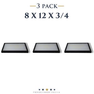 May include: Three rectangular air filters with black frames are displayed. The filters are 8 x 12 x 3/4 inches. The text "-3 PACK-" is above the filters. The bottom of the image reads "PROUDLY MADE IN U.S.A."