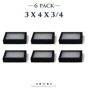 Puede incluir: Seis luces rectangulares negras, cada una con un interior brillante. Las dimensiones son de aproximadamente 7,6 x 10,2 x 1,9 cm. El texto "6 PACK" está en la parte superior. La parte inferior de la imagen dice "PROUDLY MADE IN U.S.A."