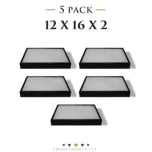 May include: Five rectangular air filters, each with a black frame and a white filter material. The filters are arranged on a white background. Text at the top reads "5 PACK" and "12 X 16 X 2". The bottom of the image has the text "PROUDLY MADE IN U.S.A."