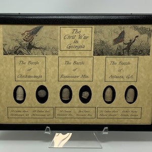 The Civil War Battles in Georgia (Chickamauga, Kennesaw Mountain en Atlanta) relikwieset met glazen vitrine en certificaat van echtheid