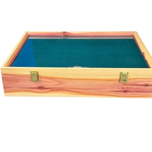 May include: A rectangular wooden display case with a clear glass top. The case is made of light-coloured wood with a reddish-brown grain. The interior has a teal green felt lining and a blue felt corner. Two brass-coloured latches secure the lid.