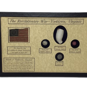 Revolutionary War Relic, Button,  Clay Pipe & Marble in Glass Top Display Case with COA